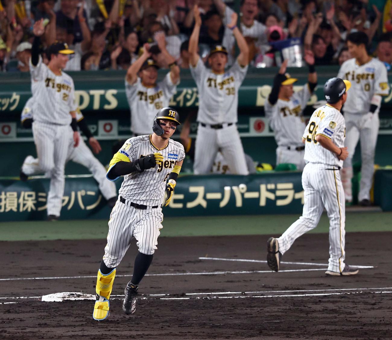 阪神対ヤクルト　2回裏阪神1死、佐藤輝は右越えに同点ソロ本塁打を放つ（撮影・上田博志）