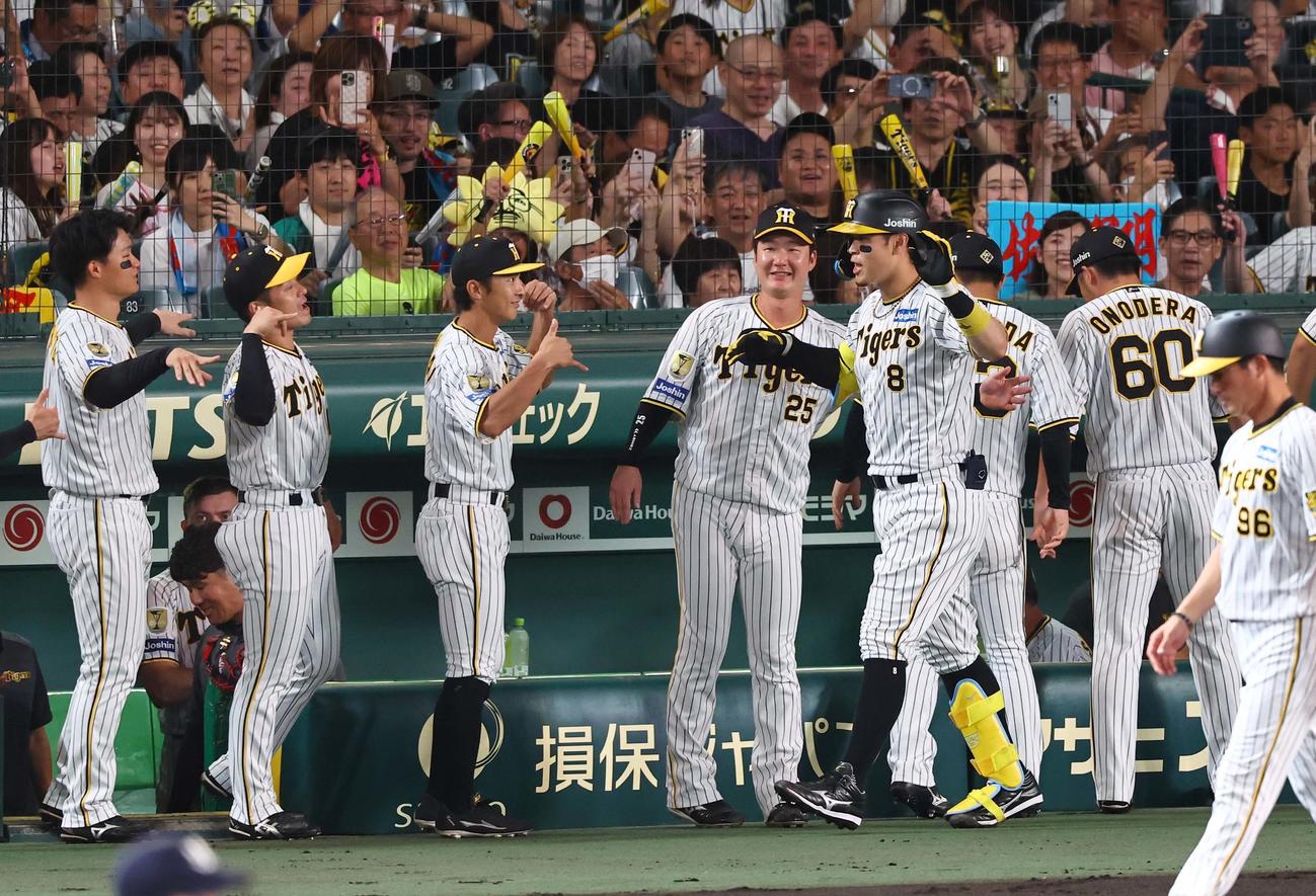 阪神対ヤクルト　2回裏阪神1死、右越えに同点ソロ本塁打を放った佐藤輝はナインとハイタッチして喜ぶ（撮影・上田博志）