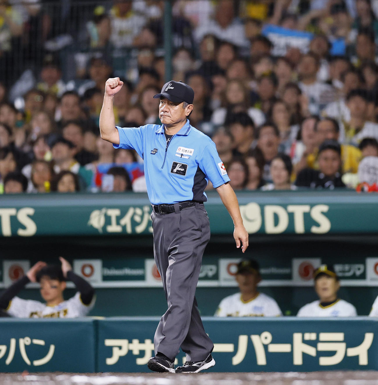 阪神対ヤクルト　7回裏阪神1死二塁、前川の右前打で二走大山が本塁クロスプレーとなり、リクエストでアウト判定となる（撮影・藤尾明華）