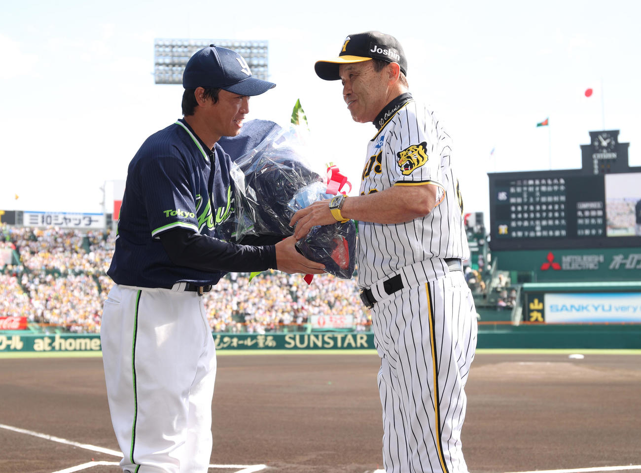 阪神対ヤクルト　試合前、引退を発表したヤクルト青木（左）にねぎらいの花束を贈る阪神岡田監督（代表撮影）