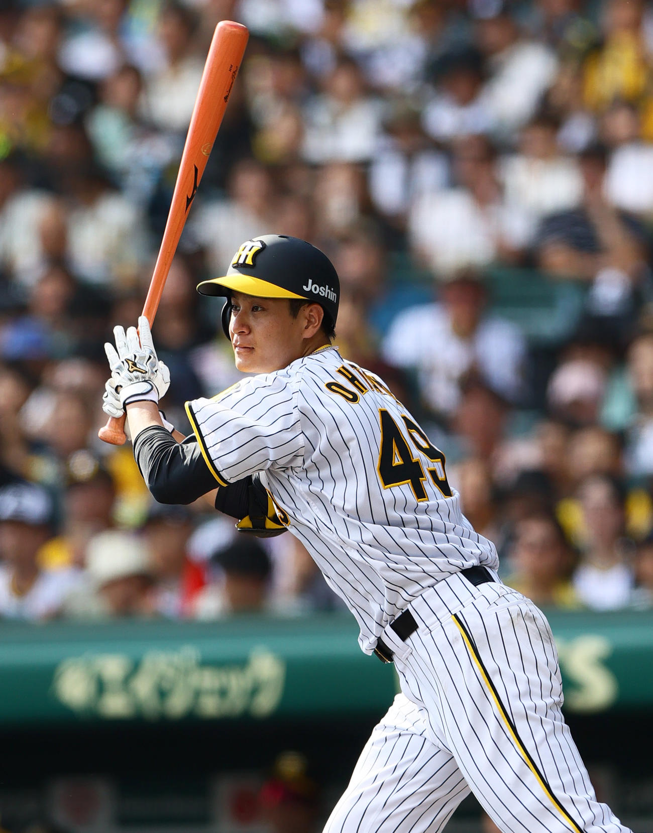 阪神対ヤクルト　3回裏阪神無死、大竹は左前打を放つ（撮影・上山淳一）