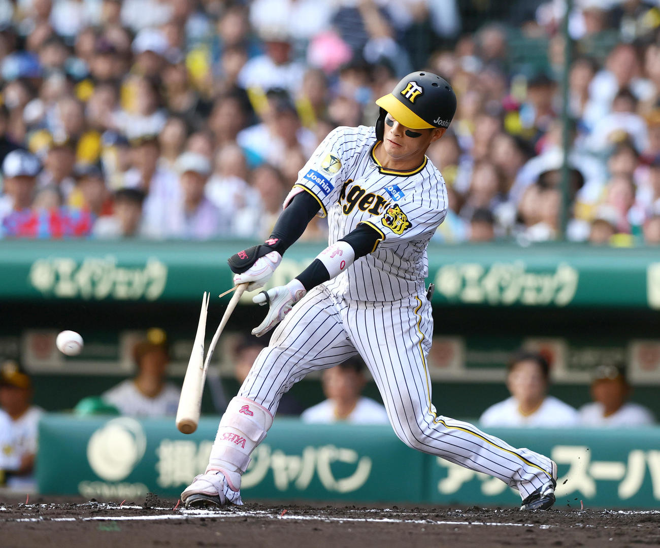 阪神対ヤクルト　6回裏阪神1死満塁、木浪はバットがへし折れ遊直に倒れる（撮影・上山淳一）