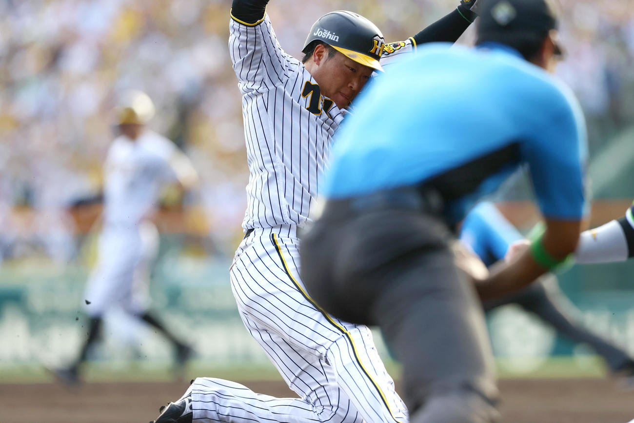 阪神対ヤクルト　6回裏阪神1死一、二塁、二走大山は坂本の左前打で三塁に向かう（撮影・上山淳一）