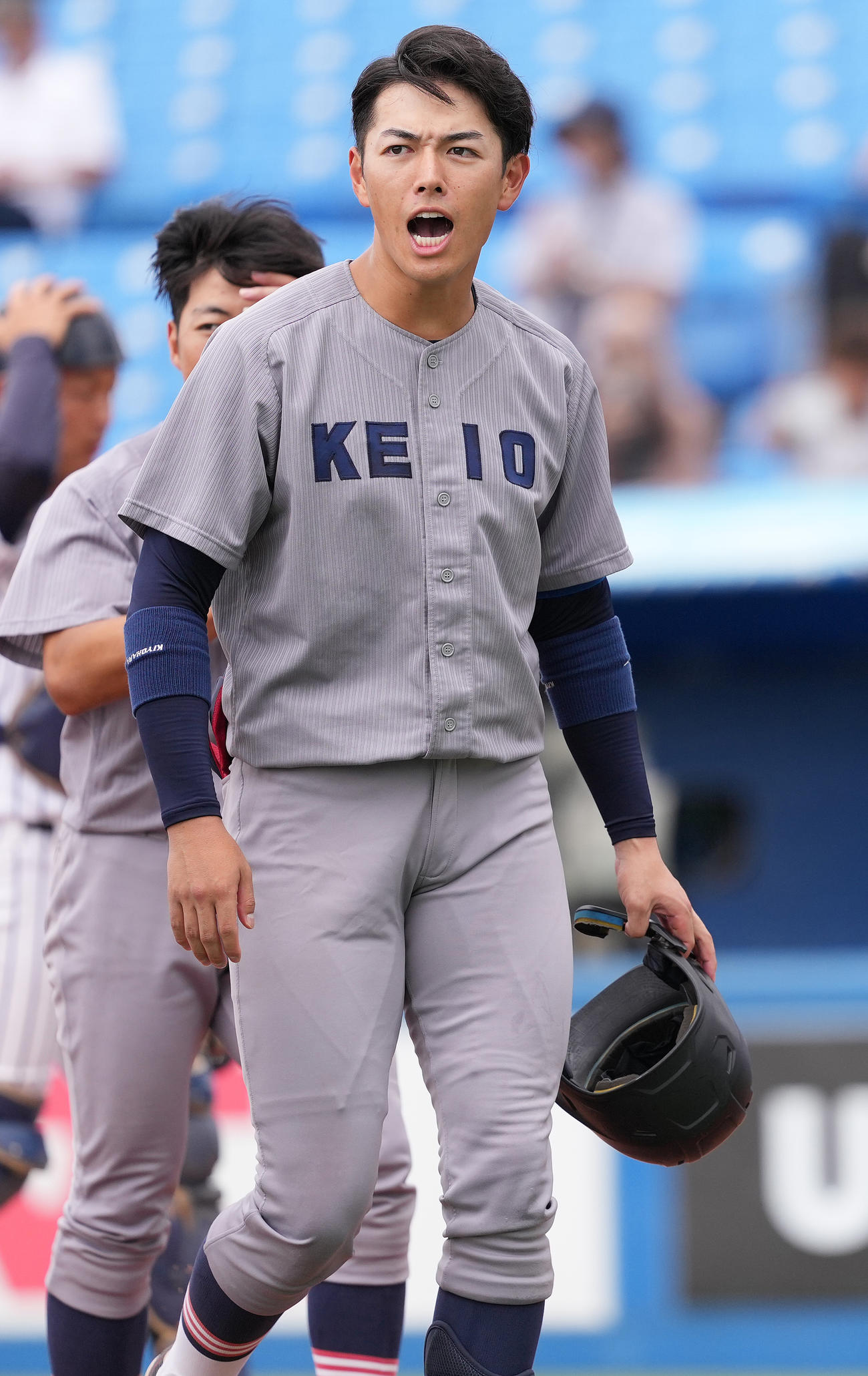 慶大対立大　試合開始前、気合の入った表情の慶大・清原（撮影・鈴木みどり）