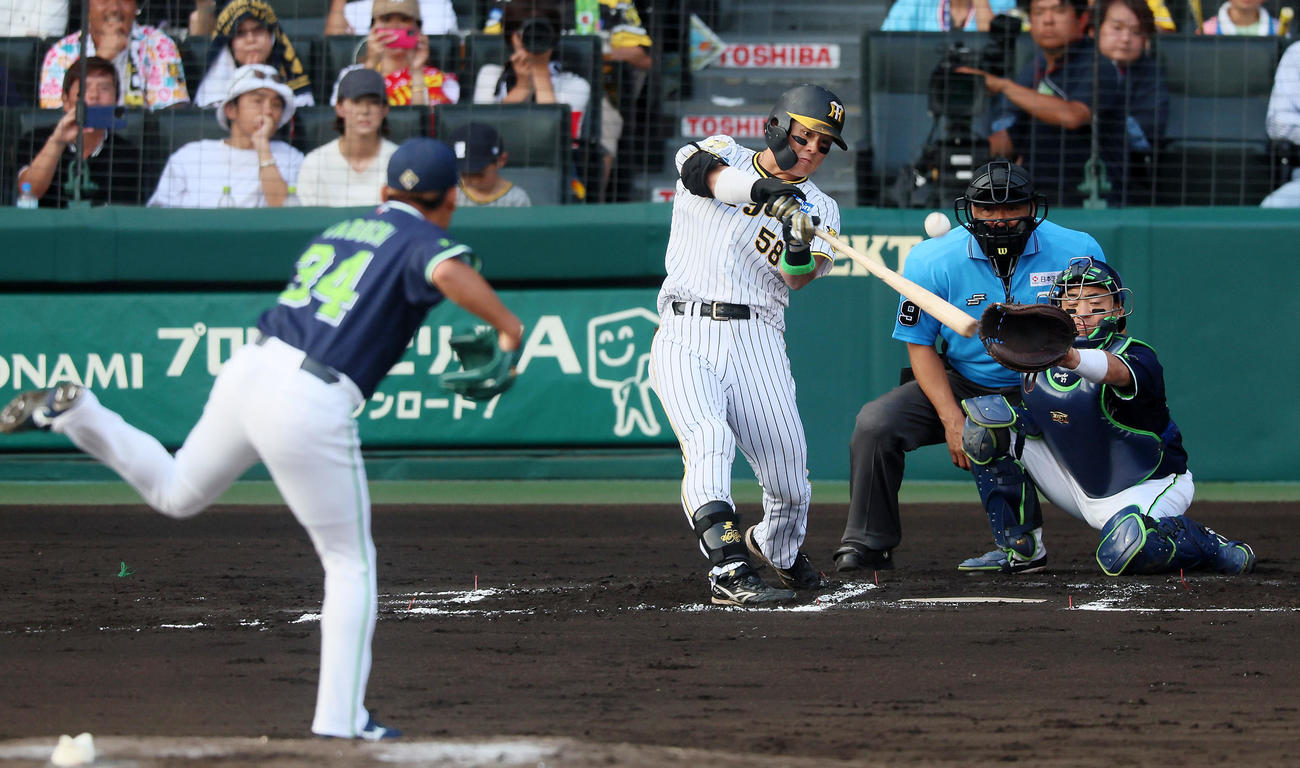 阪神対ヤクルト　6回裏阪神無死満塁、前川は先制中犠飛を放つ。投手田口（撮影・加藤哉）