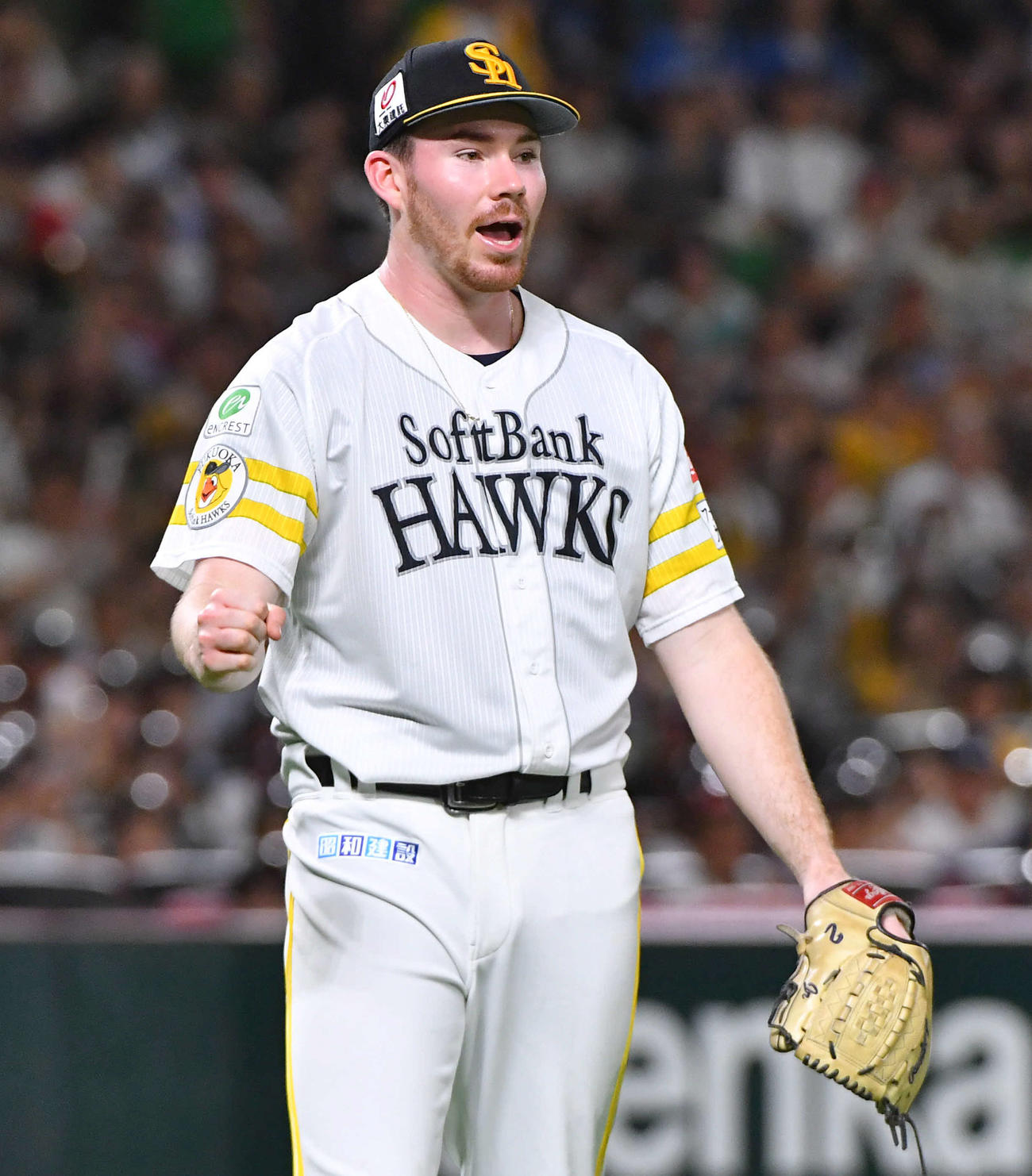 ソフトバンク対日本ハム　5回表日本ハム1死、松本剛の遊ゴロを今宮が好守し、ガッツポーズするスチュワート（撮影・岩下翔太）