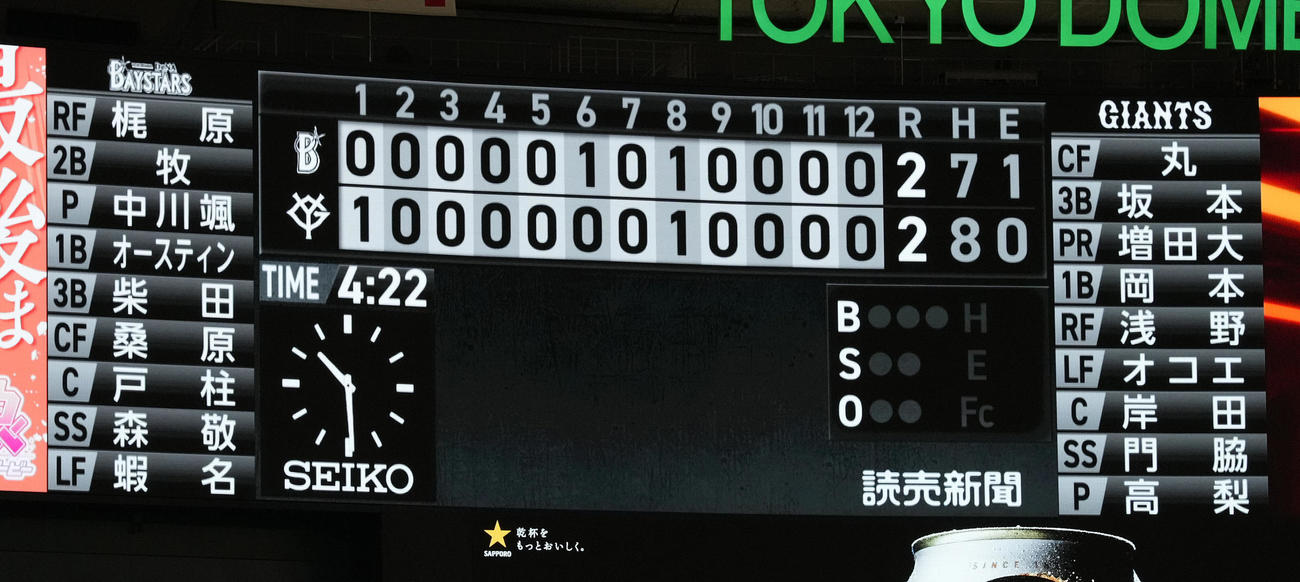 巨人対DeNA　試合のスコア（撮影・鈴木みどり）