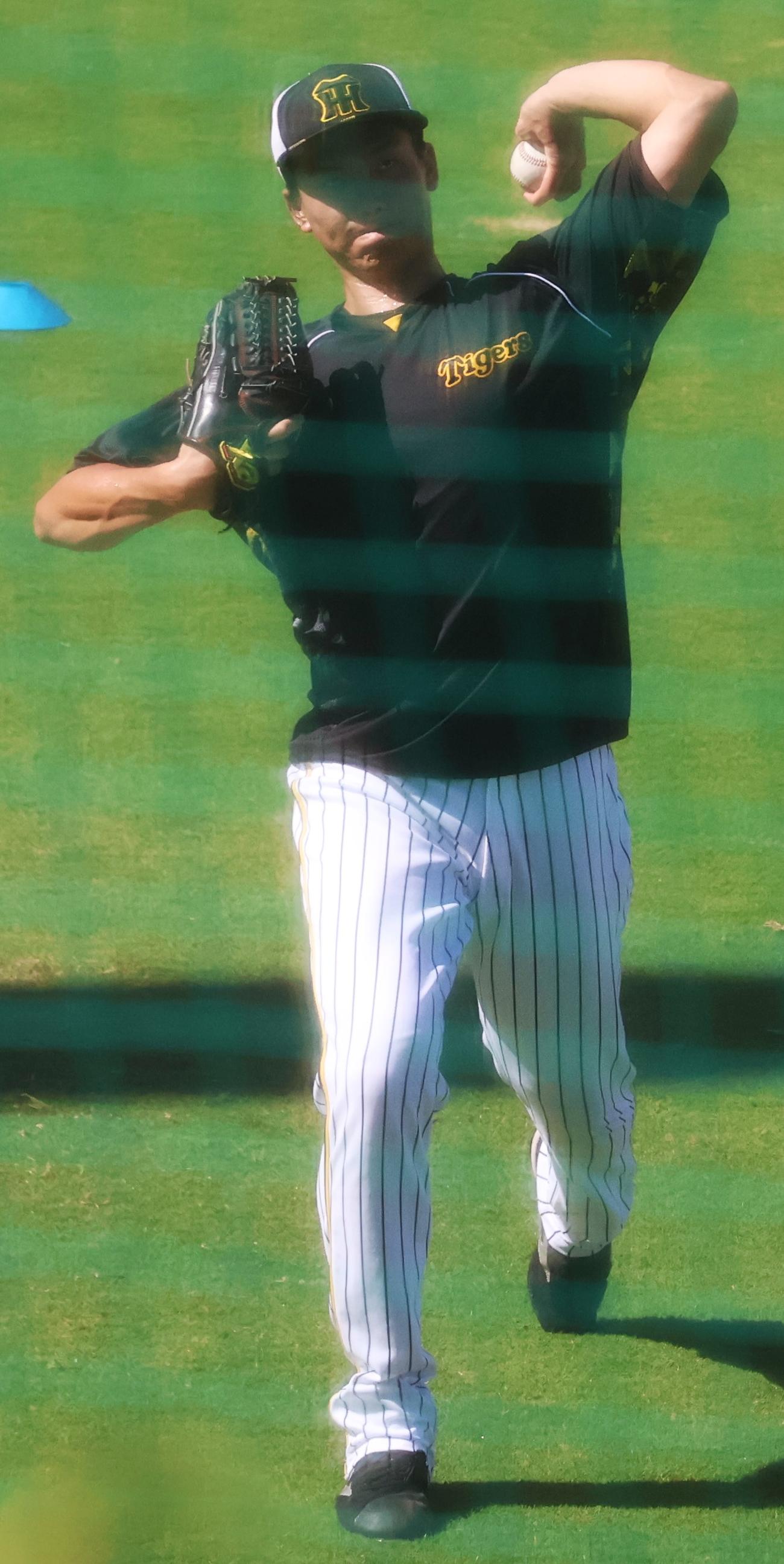 鳴尾浜で利き手と反対の左手から投げる阪神の湯浅（撮影・塚本光）