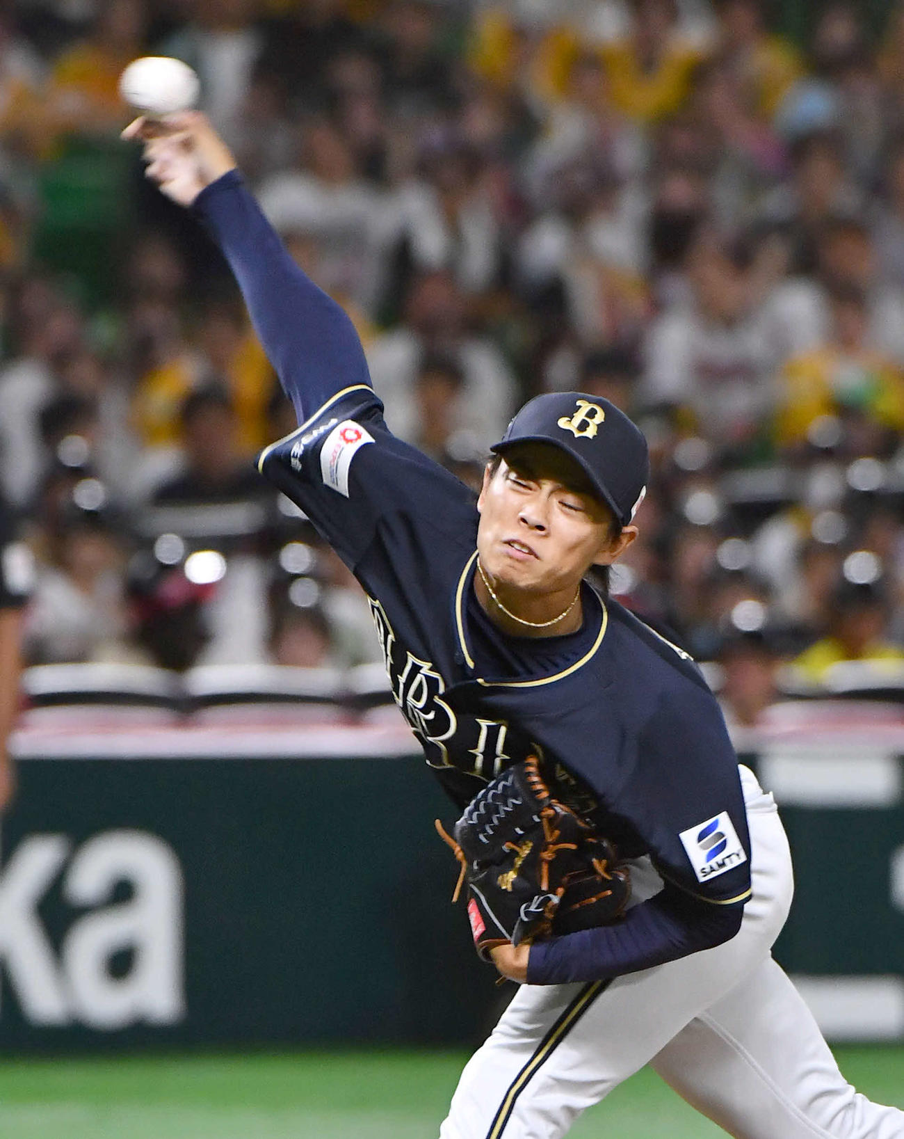 ソフトバンク対オリックス　8回裏から登板した、オリックス2番手の山岡（撮影・岩下翔太）