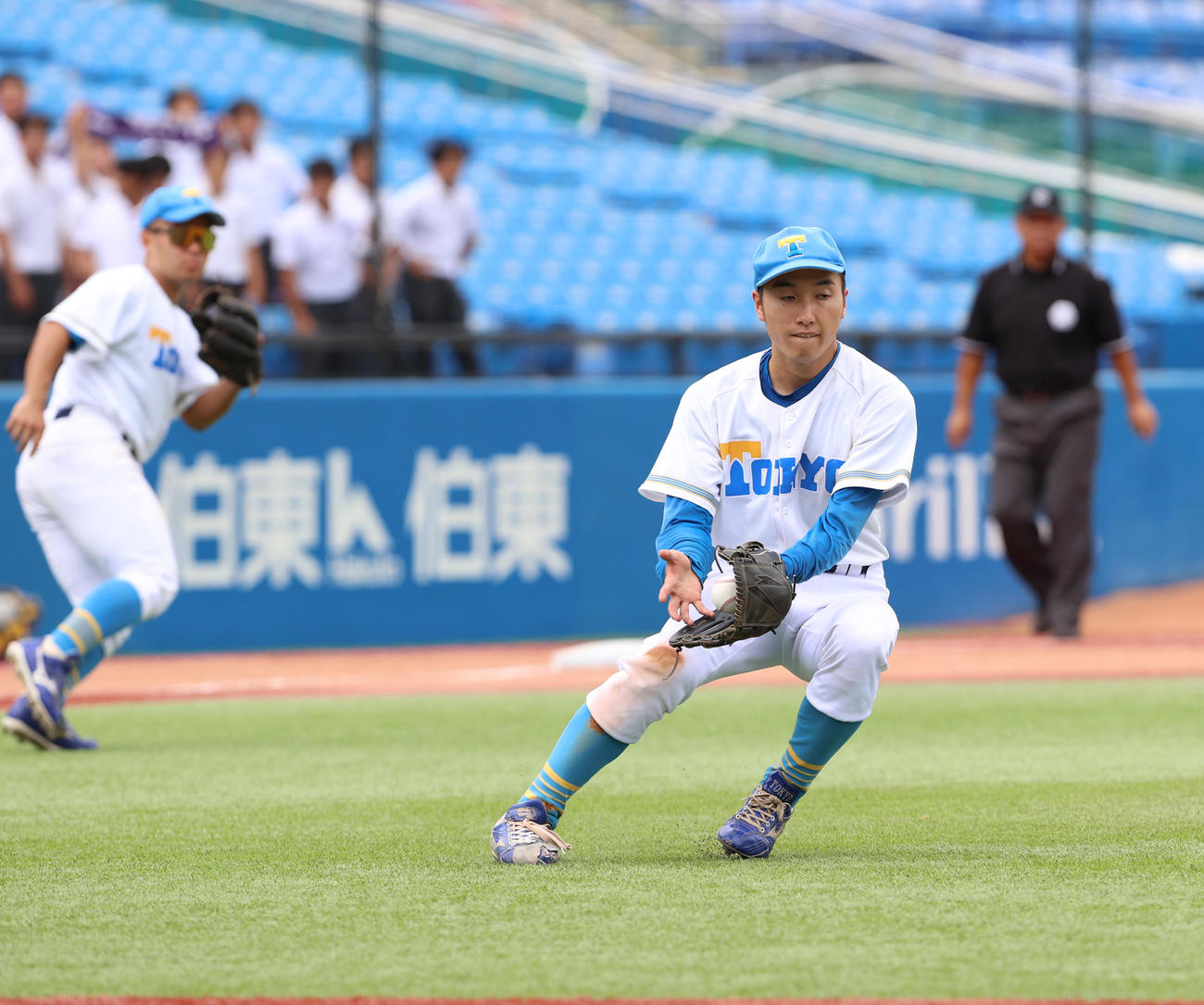 明大対東大　7回表明大無死一塁、木本のバントを処理する渡辺（撮影・水谷安孝）