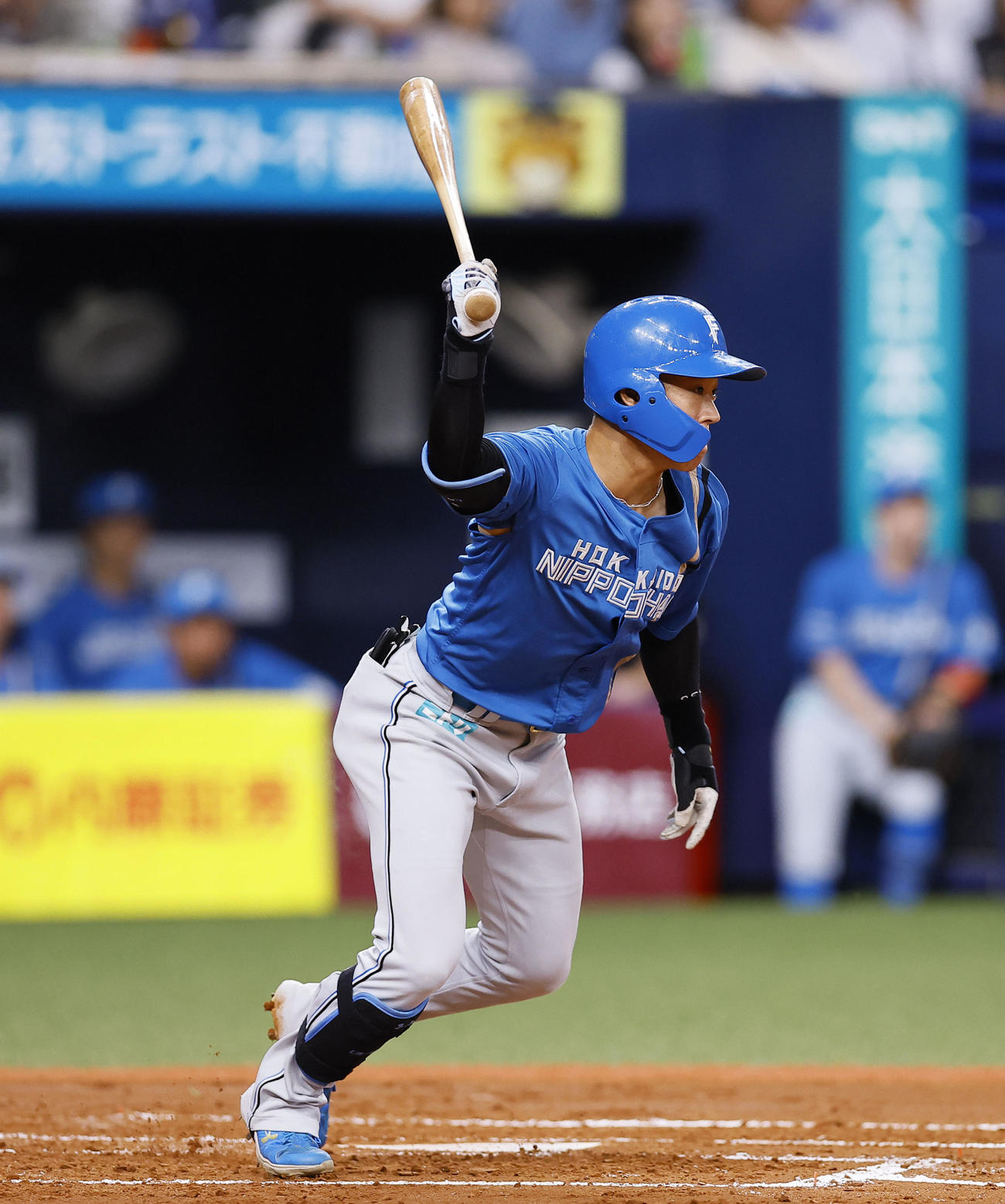 オリックス対日本ハム　2回表日本ハム無死一、二塁、矢沢は二塁内野安打を放つ（撮影・藤尾明華）