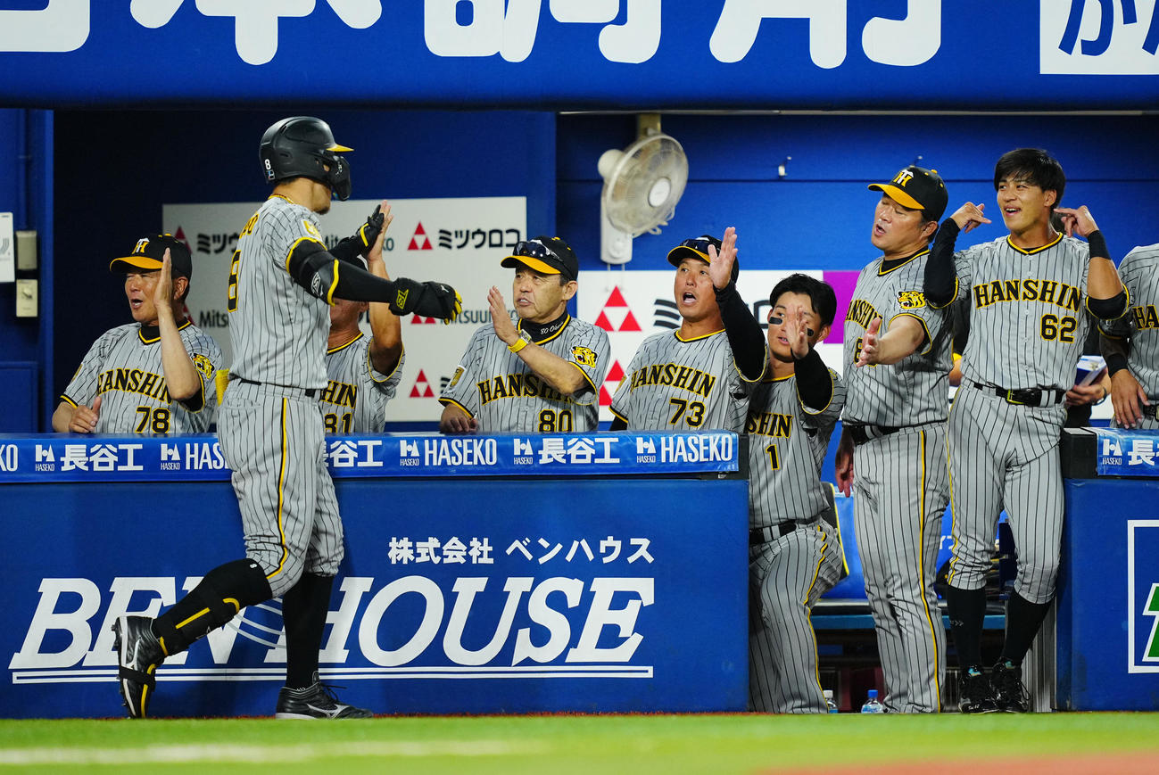 DeNA対阪神　10回表阪神1死、右越えソロ本塁打を放った佐藤輝（左から2人目）を出迎える岡田監督（同3人目）（撮影・垰建太）