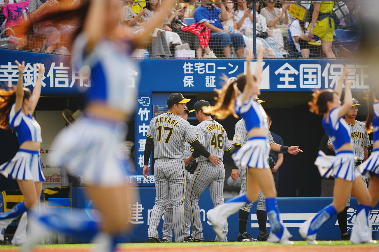 DeNA対阪神　5回裏の登板を終えた阪神島本（46番）をさえない表情で出迎える青柳（撮影・垰建太）