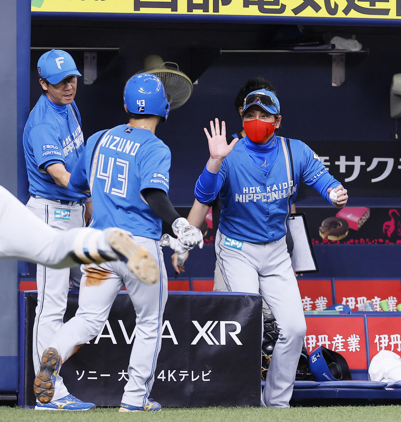 オリックス対日本ハム　5回表日本ハム1死一、三塁、田宮のスクイズで生還した水野（中央）を迎える新庄監督（撮影・藤尾明華）