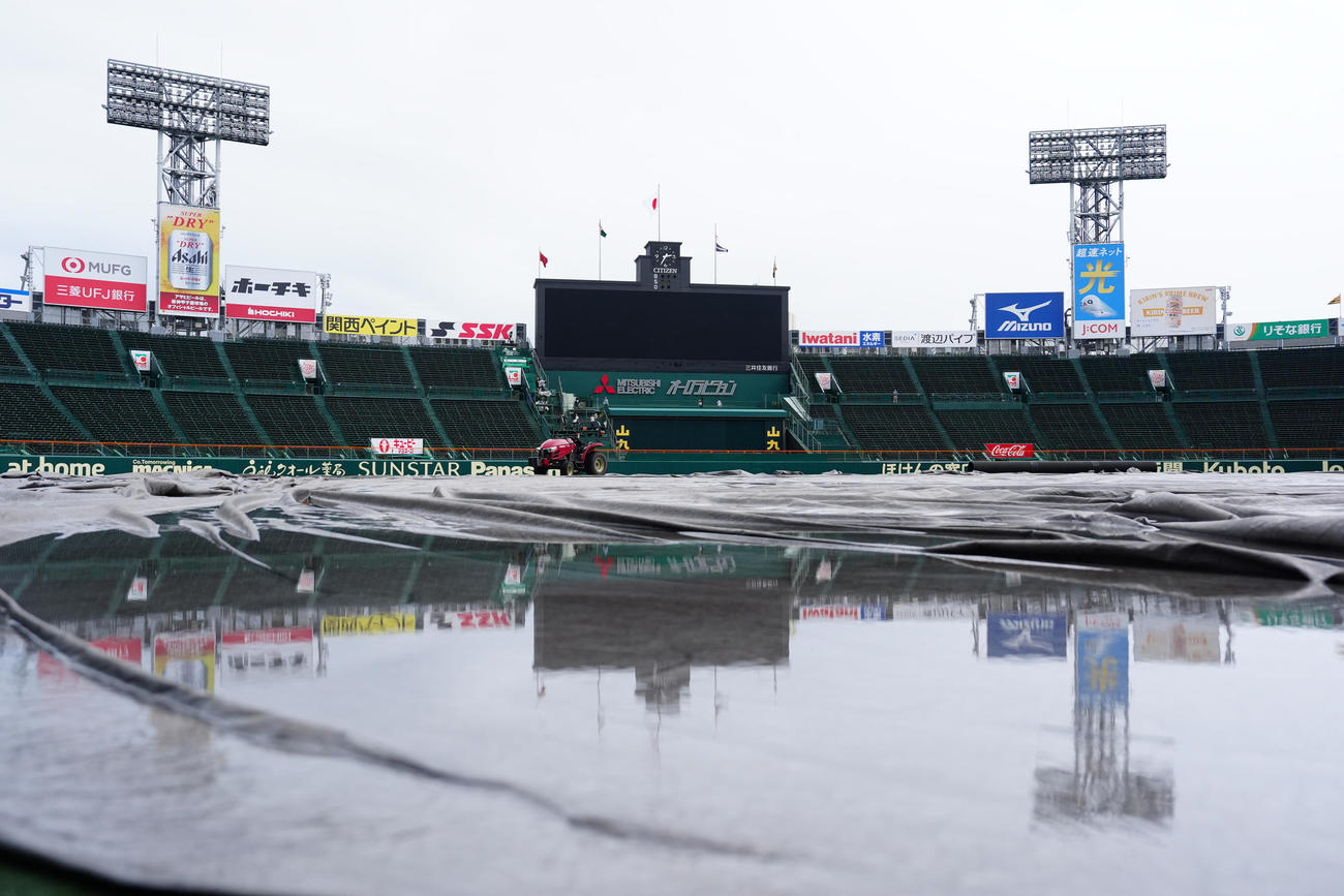 阪神対巨人　試合前、雨水がシートにたまった甲子園球場のグラウンド（撮影・江口和貴）