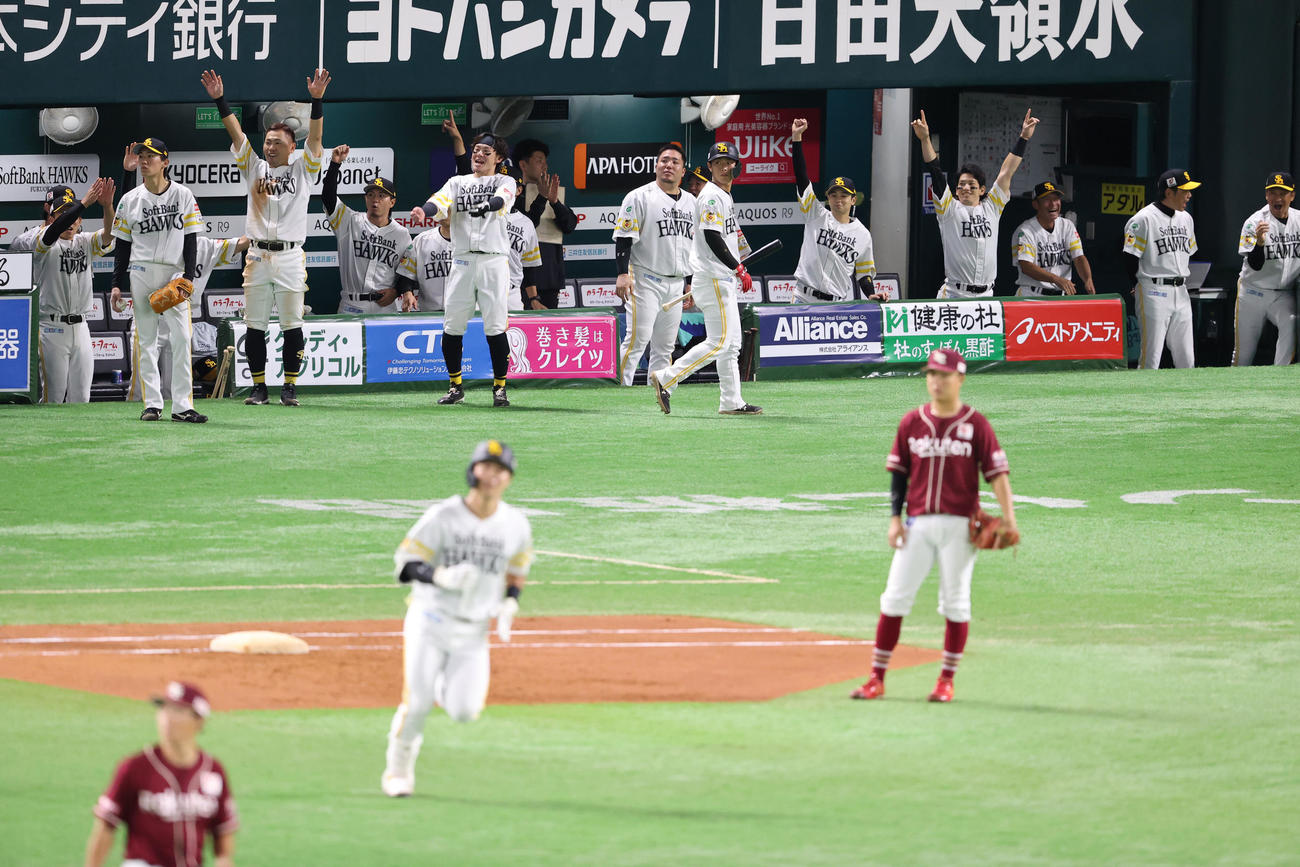 ソフトバンク対楽天　2回裏ソフトバンク1死一塁、川村の右越え2点本塁打で盛り上がるナイン（撮影・梅根麻紀）