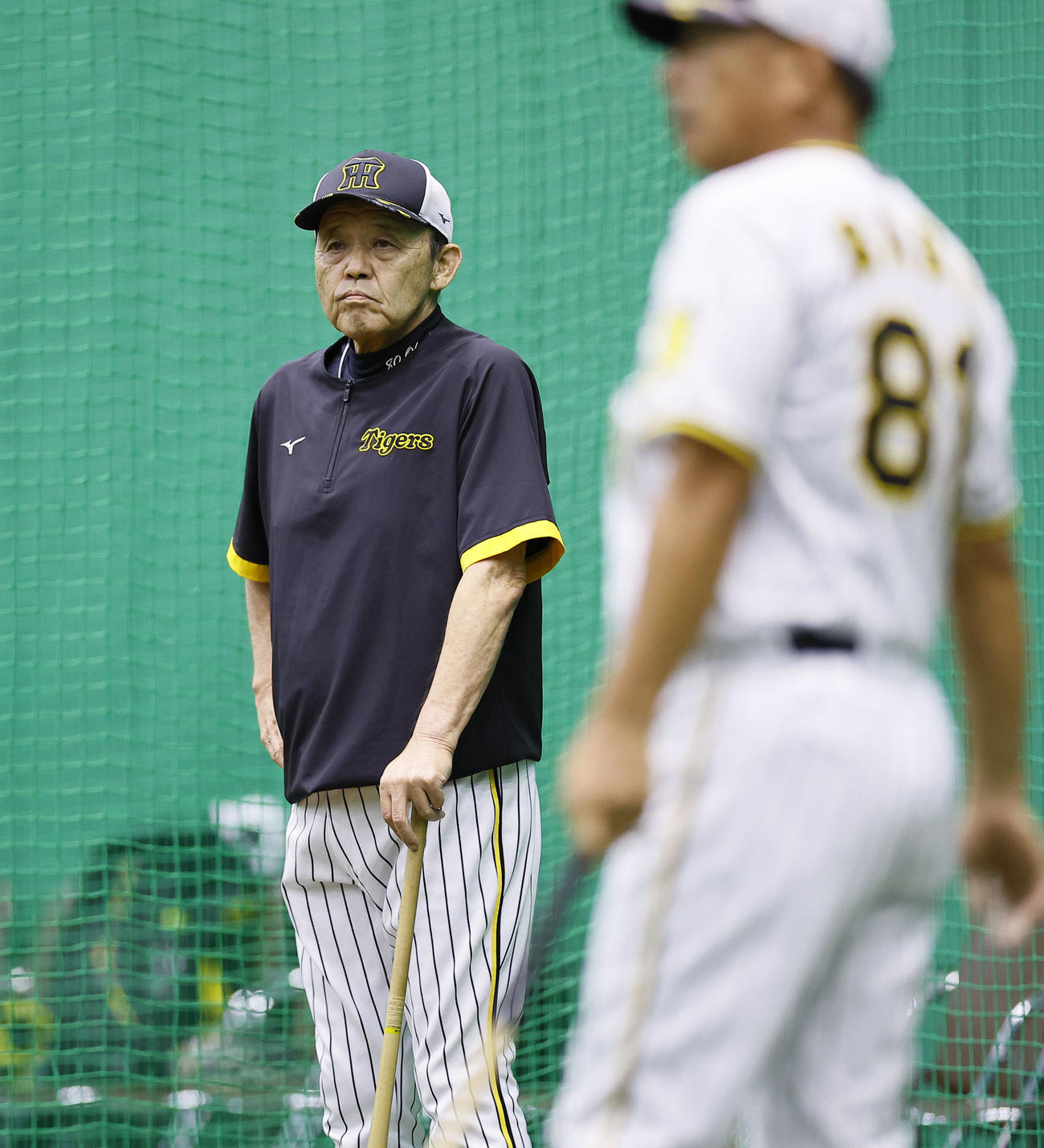 阪神対巨人　練習を見つめる阪神岡田監督（撮影・藤尾明華）