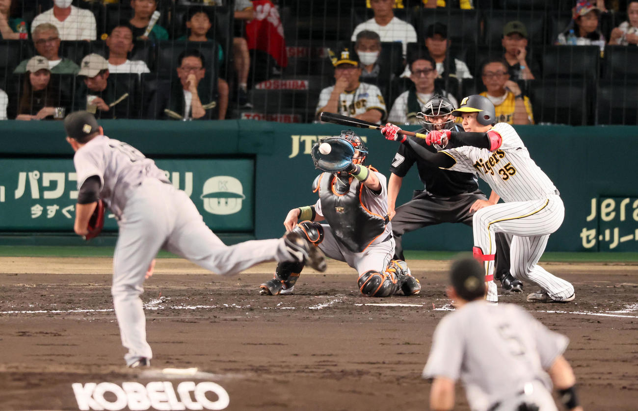 阪神対巨人　3回裏阪神無死一塁、才木はバントしようとバットを出したが判定はボール、投手菅野（撮影・加藤哉）