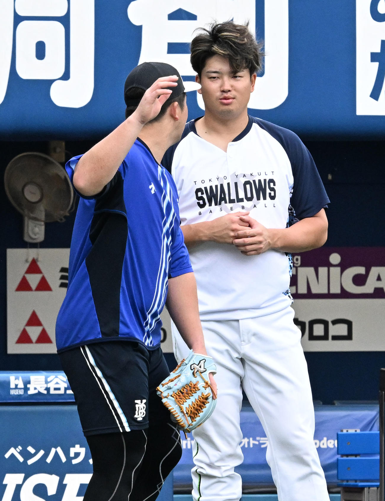 DeNA対ヤクルト　ゲーム前、DeNA牧（左）と話すヤクルト村上（撮影・千葉一成）
