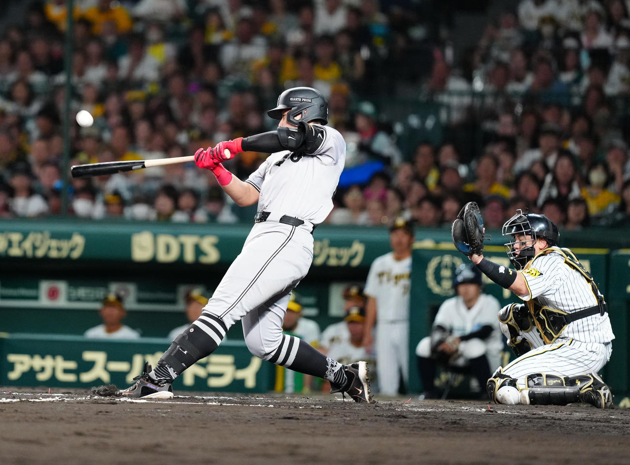 阪神対巨人　8回表巨人1死、大飛球を放つもファウルとなった岡本和（撮影・江口和貴）