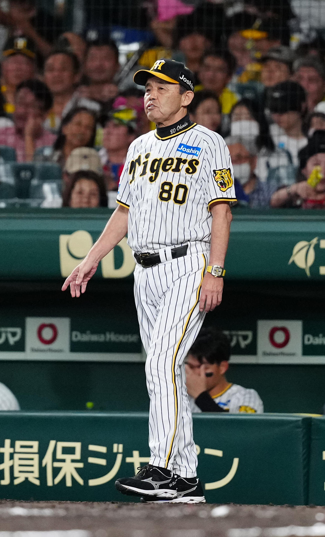 阪神対巨人　8回表開始前、選手交代を告げに向かう阪神岡田監督（撮影・江口和貴）