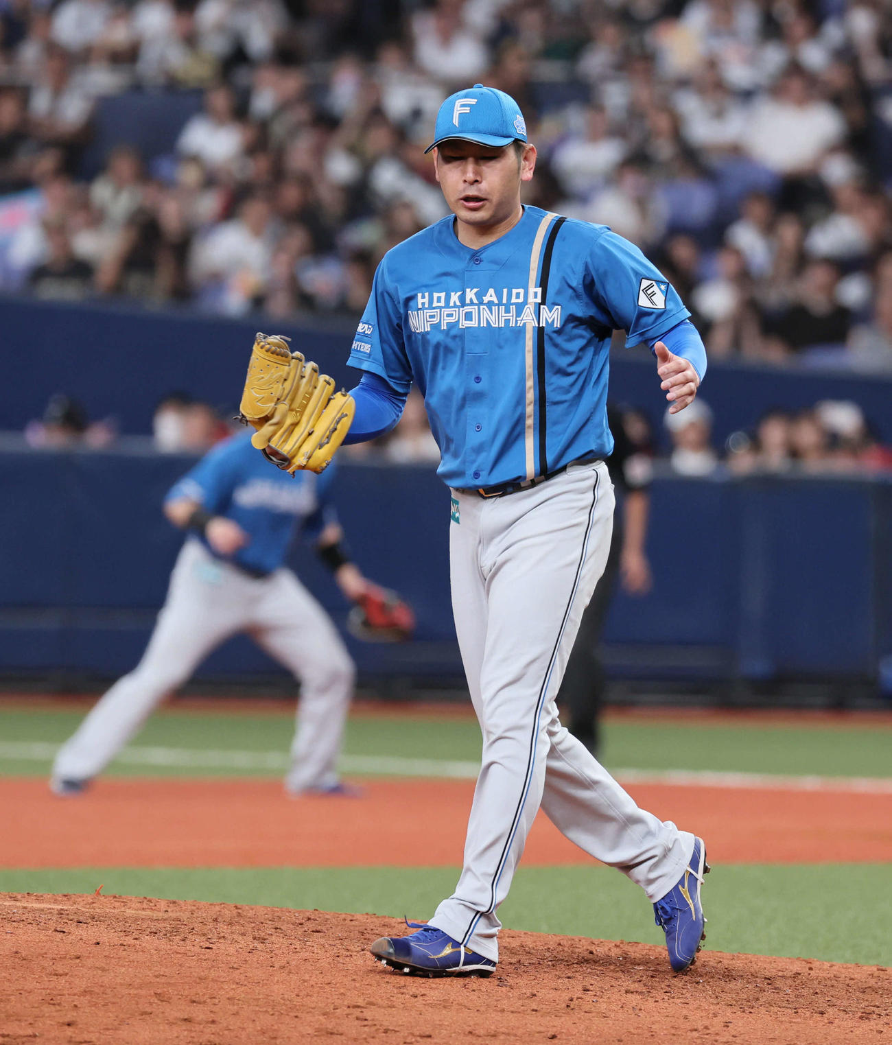 オリックス対日本ハム　完投で10勝目を挙げ手をたたく日本ハム加藤貴（撮影・宮崎幸一）