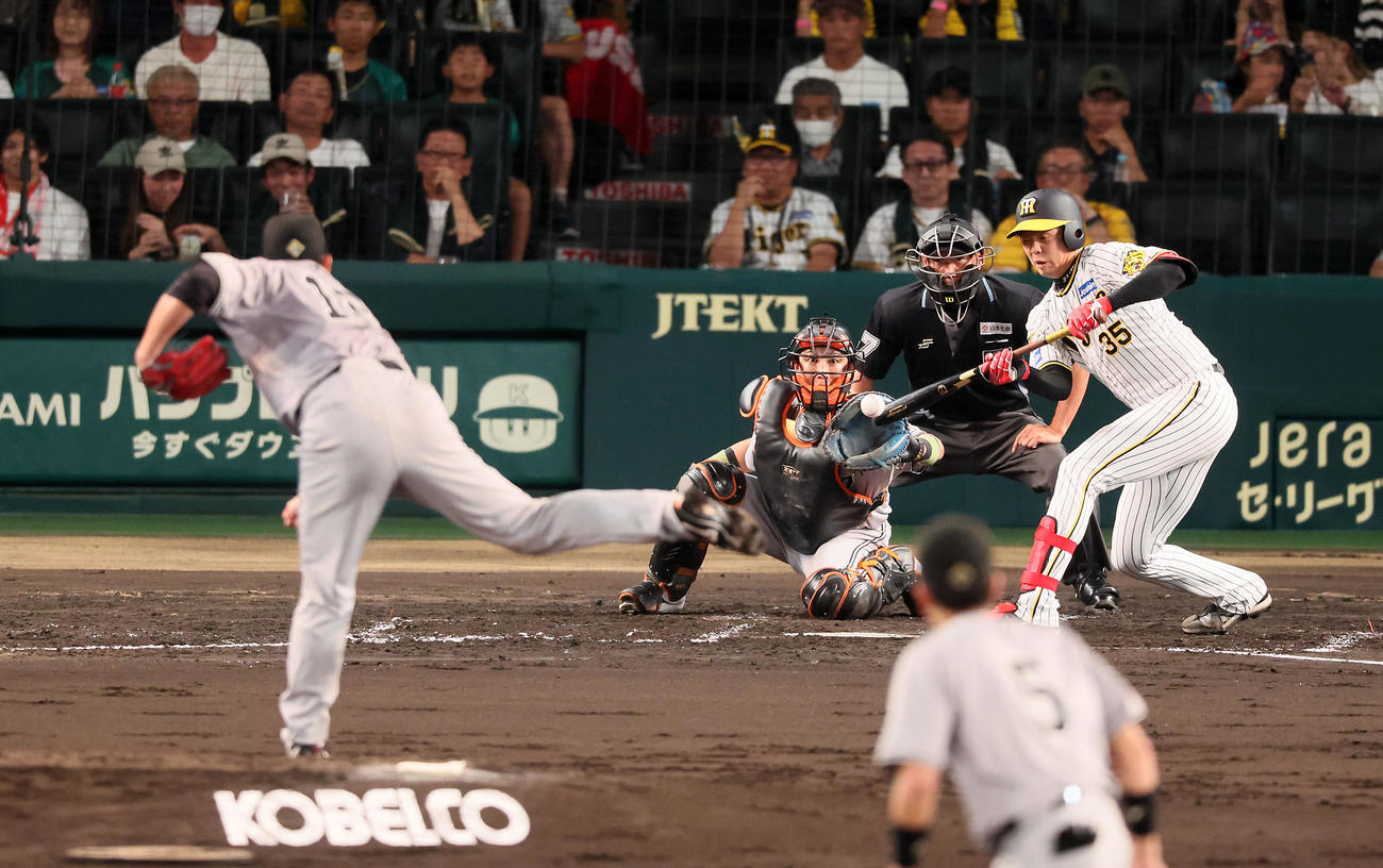 阪神対巨人　3回裏阪神1死一塁、才木は一塁線にバントを決める。投手菅野（撮影・加藤哉）