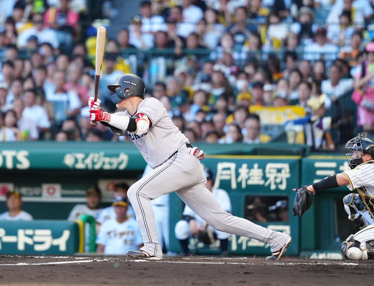 阪神対巨人　7回表巨人無死一、三塁、先制適時打を放つ坂本（撮影・江口和貴）