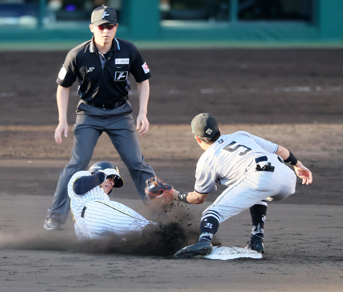 阪神対巨人　9回裏阪神2死一塁、代走植田は打者木浪のとき二盗を決める。野手門脇（撮影・加藤哉）