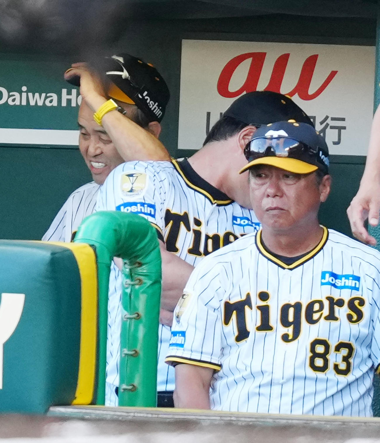 阪神対巨人　7回表、ベンチで厳しい表情の阪神岡田監督（左）（撮影・江口和貴）