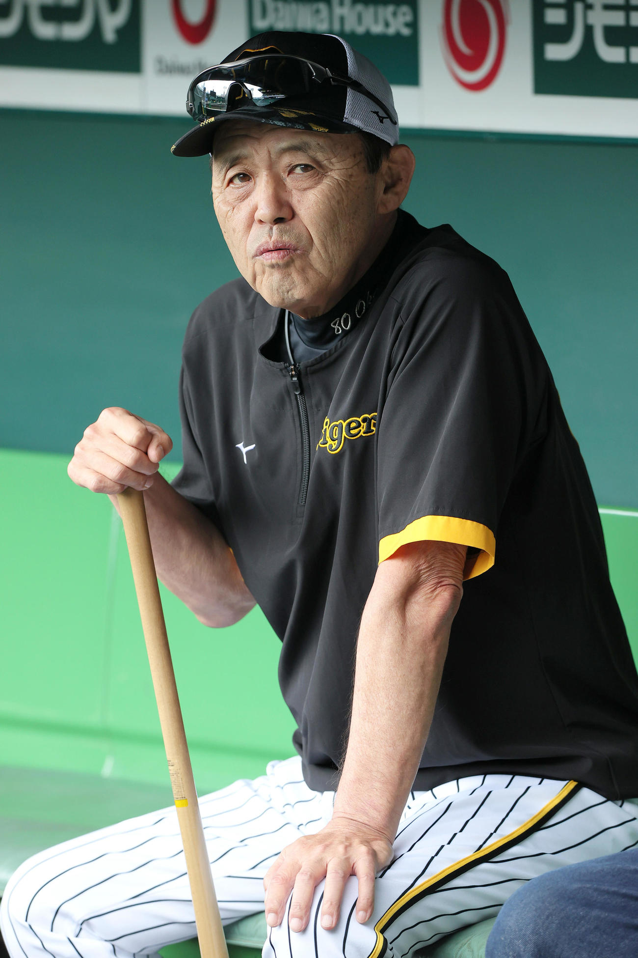 阪神対巨人　試合前の練習を見つめる阪神岡田監督（撮影・上山淳一）