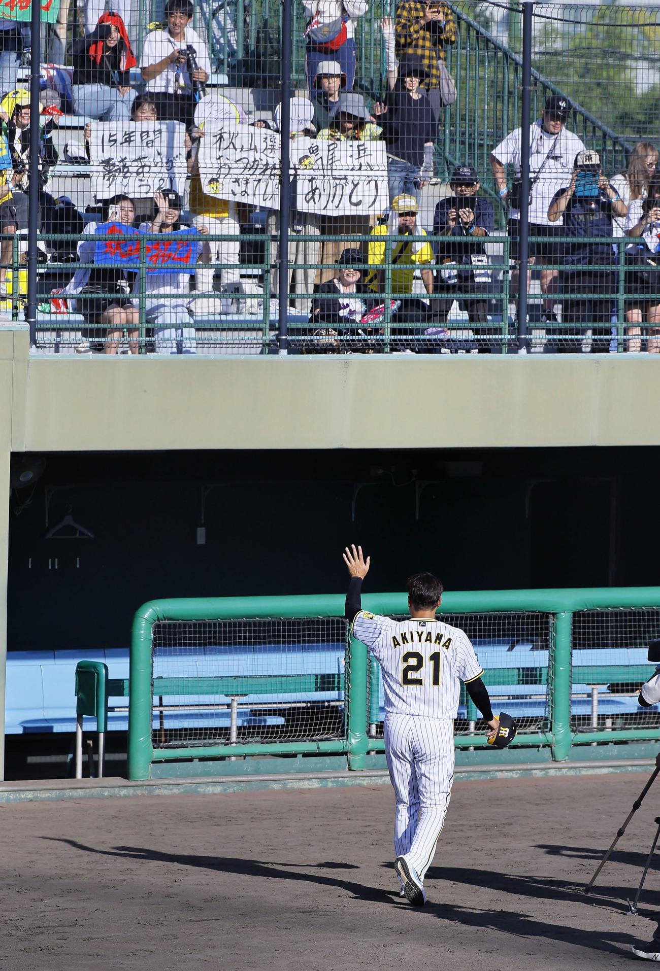 ウエスタンリーグ　阪神対ソフトバンク　引退セレモイーでファンに手を振る阪神秋山（撮影・藤尾明華）