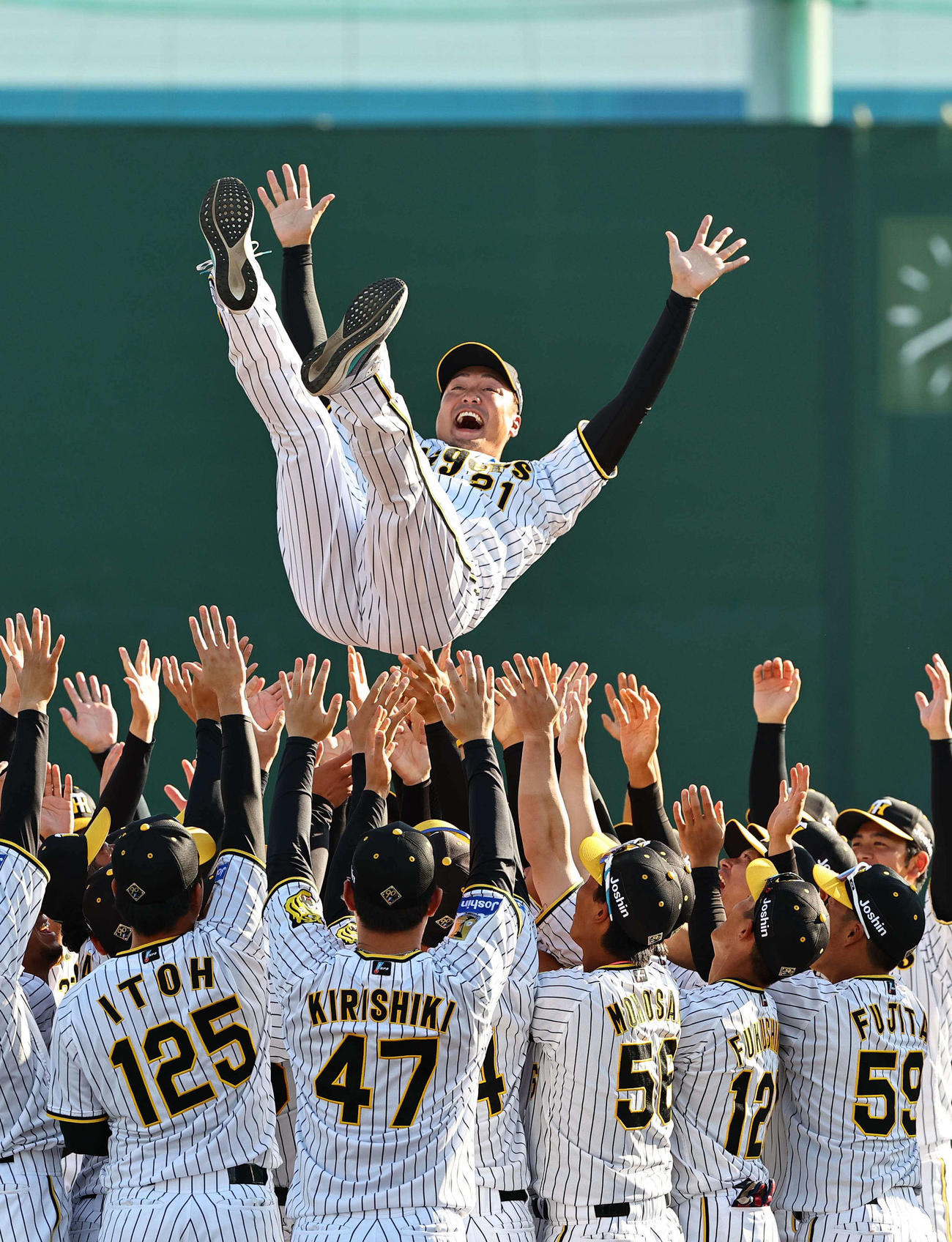 今シーズンで引退する秋山拓ナインに胴上げされる（撮影・上田博志）