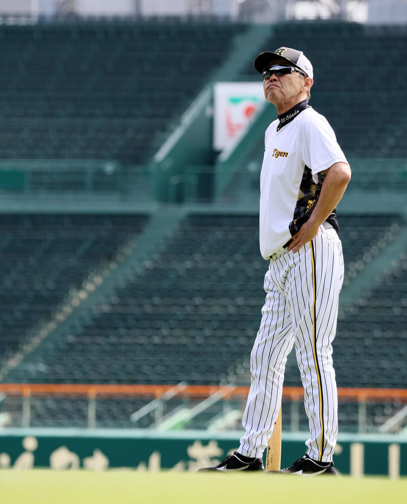 ナインの練習を見守る岡田監督（撮影・加藤哉）