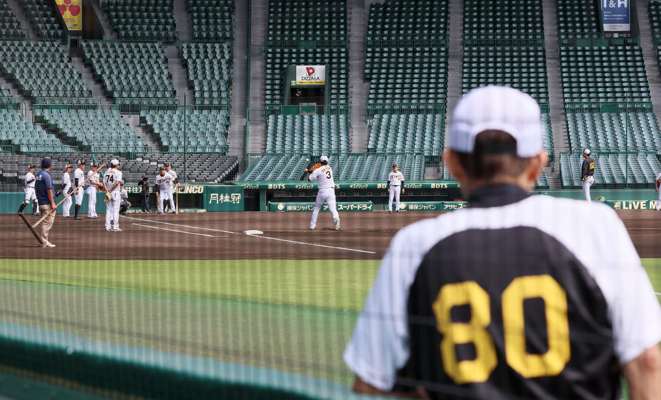 岡田監督が見る中、シートノックを行う阪神ナイン（撮影・加藤哉）