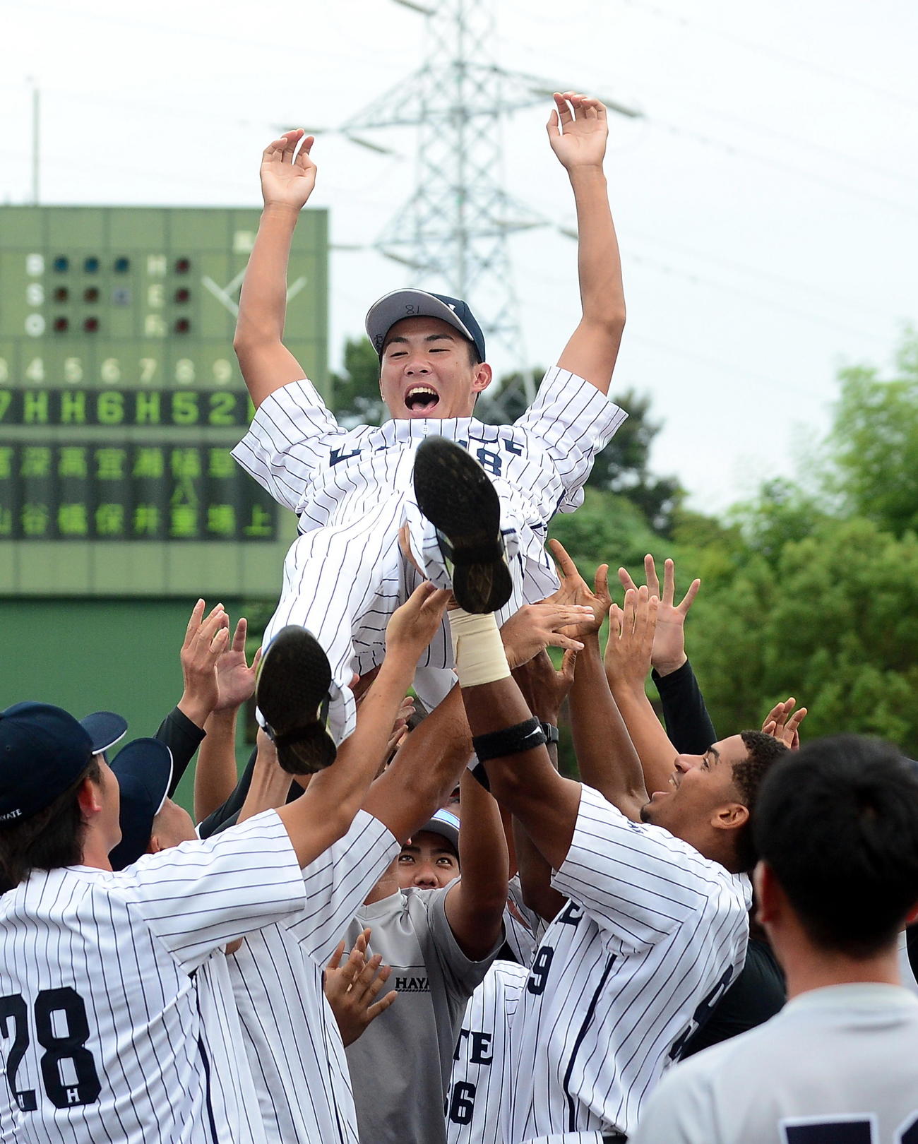 くふうハヤテ対阪神　チームメートに胴上げされるくふうハヤテ西浜