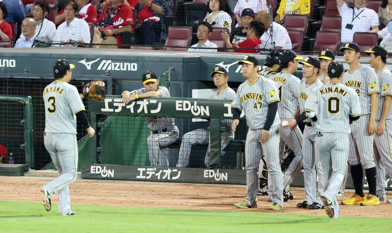 広島対阪神　11回裏を終えグラウンドを見つめる岡田監督。右は引き揚げる村上（撮影・加藤哉）