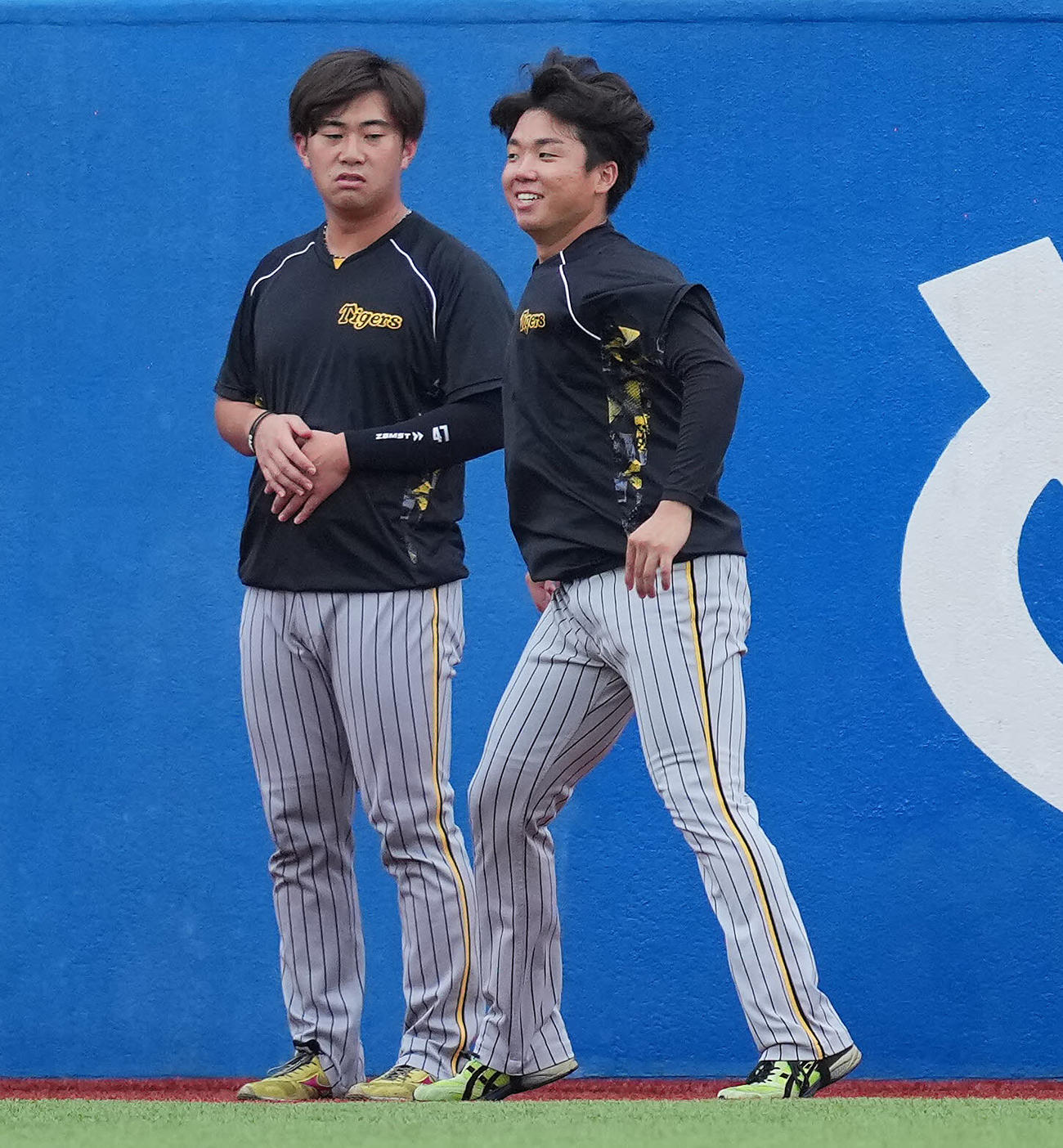 ヤクルト対阪神　試合前練習中、阪神桐敷（左）とじゃれ合う村上（撮影・垰建太）