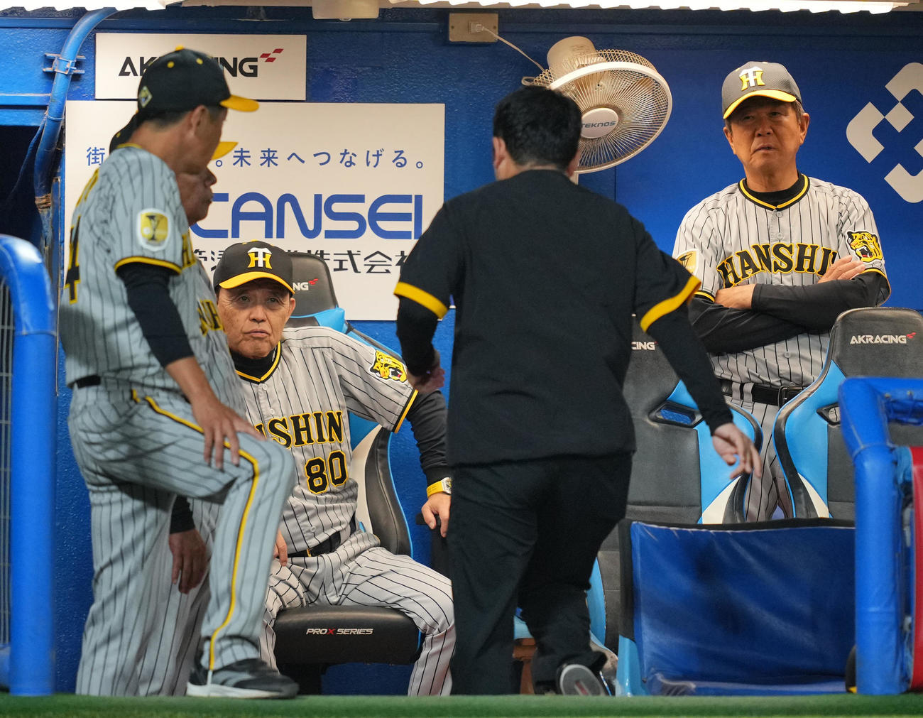 ヤクルト対阪神　2回裏ヤクルト無死、打球が直撃したビーズリーの状態をスタッフに確認する岡田監督（左から2人目）（撮影・垰建太）
