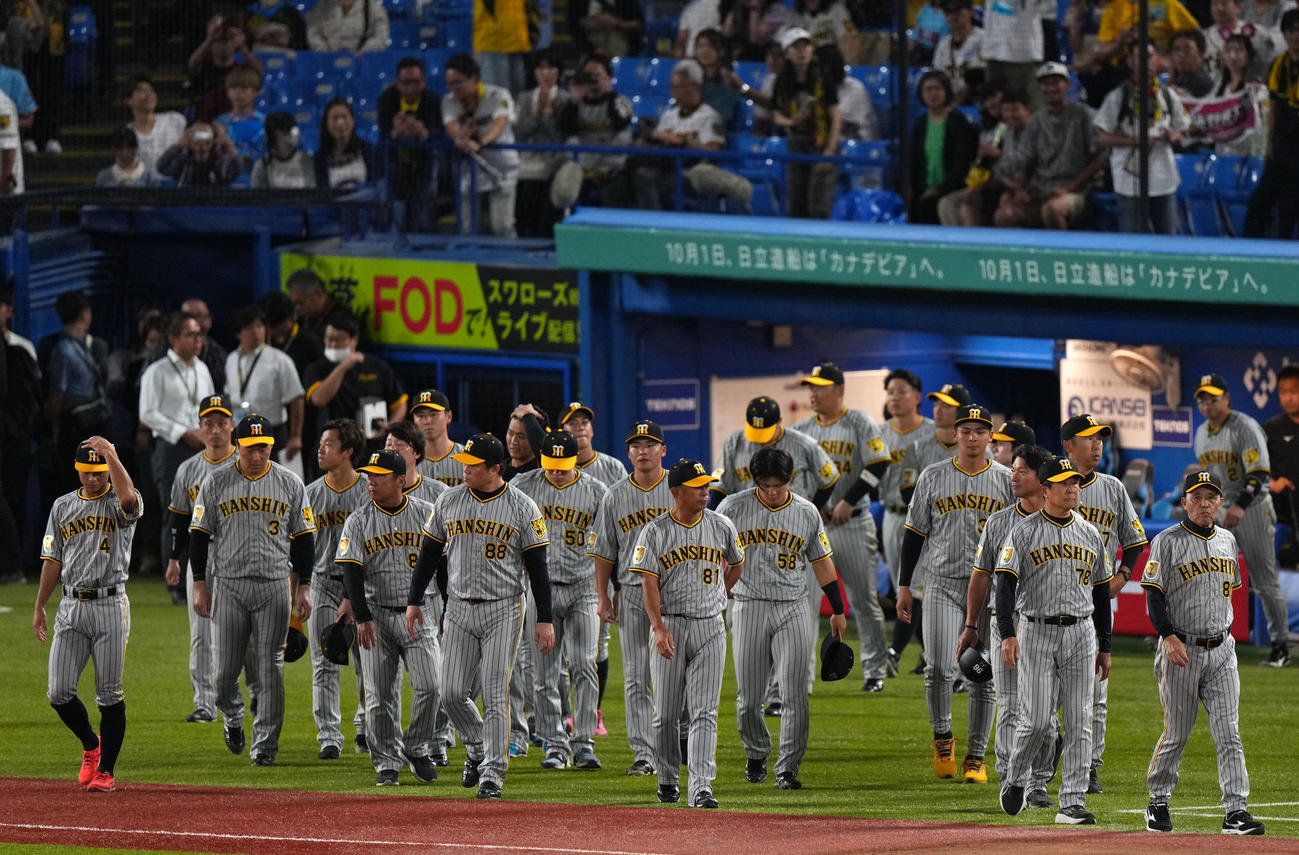 ヤクルト対阪神　神宮球場での最終戦を終えスタンドへあいさつへ向かう岡田監督（右）ら阪神ナイン（撮影・横山健太）