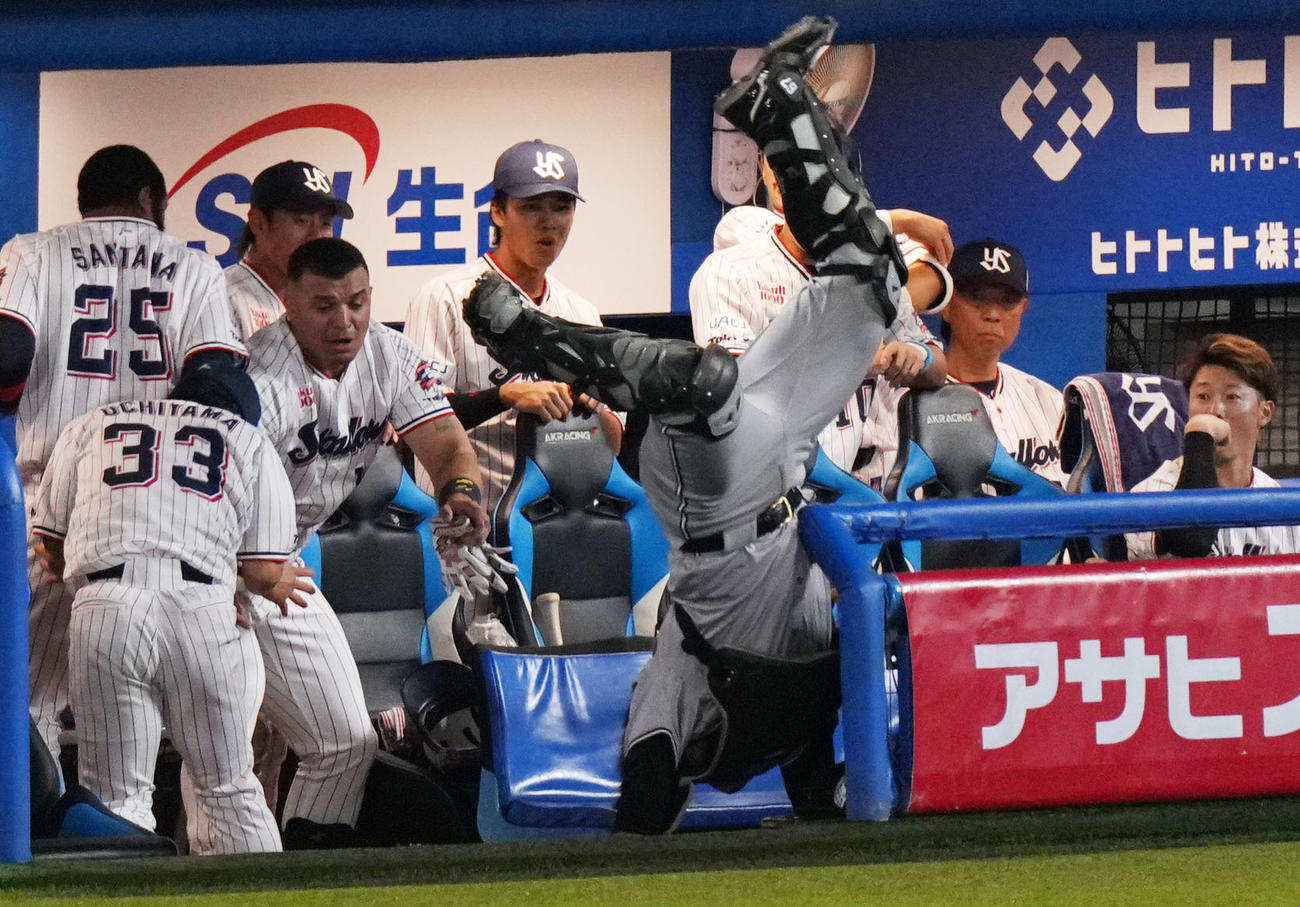 ヤクルト対巨人　1回裏ヤクルト2死二塁、山田哲人の打球を追って一塁ベンチへ突っ込む山瀬（撮影・横山健太）