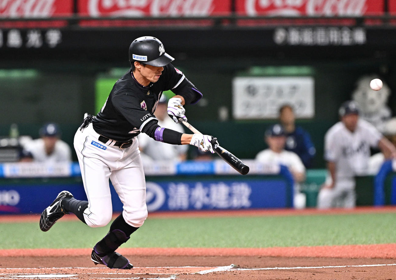 西武対ロッテ　6回表ロッテ2死三塁、岡は先制スクイズを決める（撮影・滝沢徹郎）
