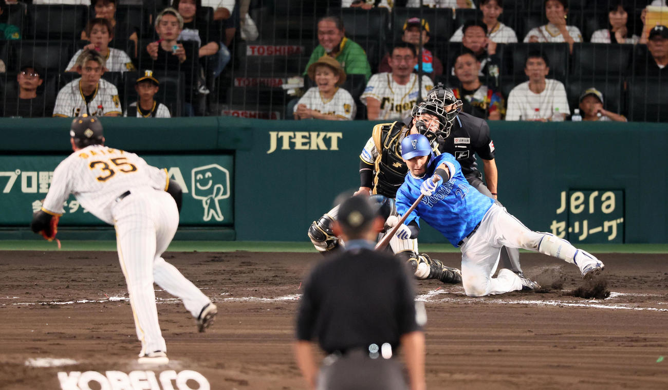 阪神対DeNA 6回表DeNA1死二、三塁、伊藤はスクイズを外されるもボールが後方へ転がる間に三塁走者牧のホームスチール成功で得点を挙げる。投手才木（撮影・加藤哉）