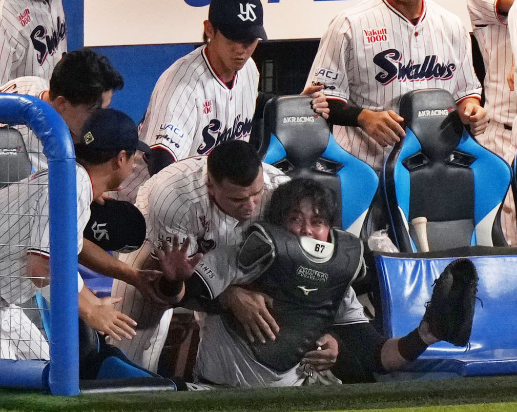 ヤクルト対巨人　1回裏ヤクルト2死二塁、山田哲人の打球を追って一塁ベンチへ突っ込む山瀬（撮影・横山健太）