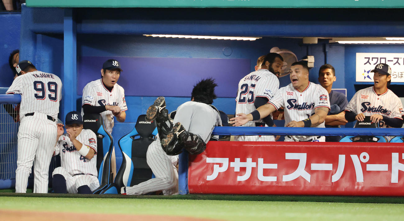 ヤクルト対巨人　1回裏ヤクルト2死二塁、山田のフライを追いかけヤクルトベンチに突っ込む山瀬（中央）（撮影・宮地輝）