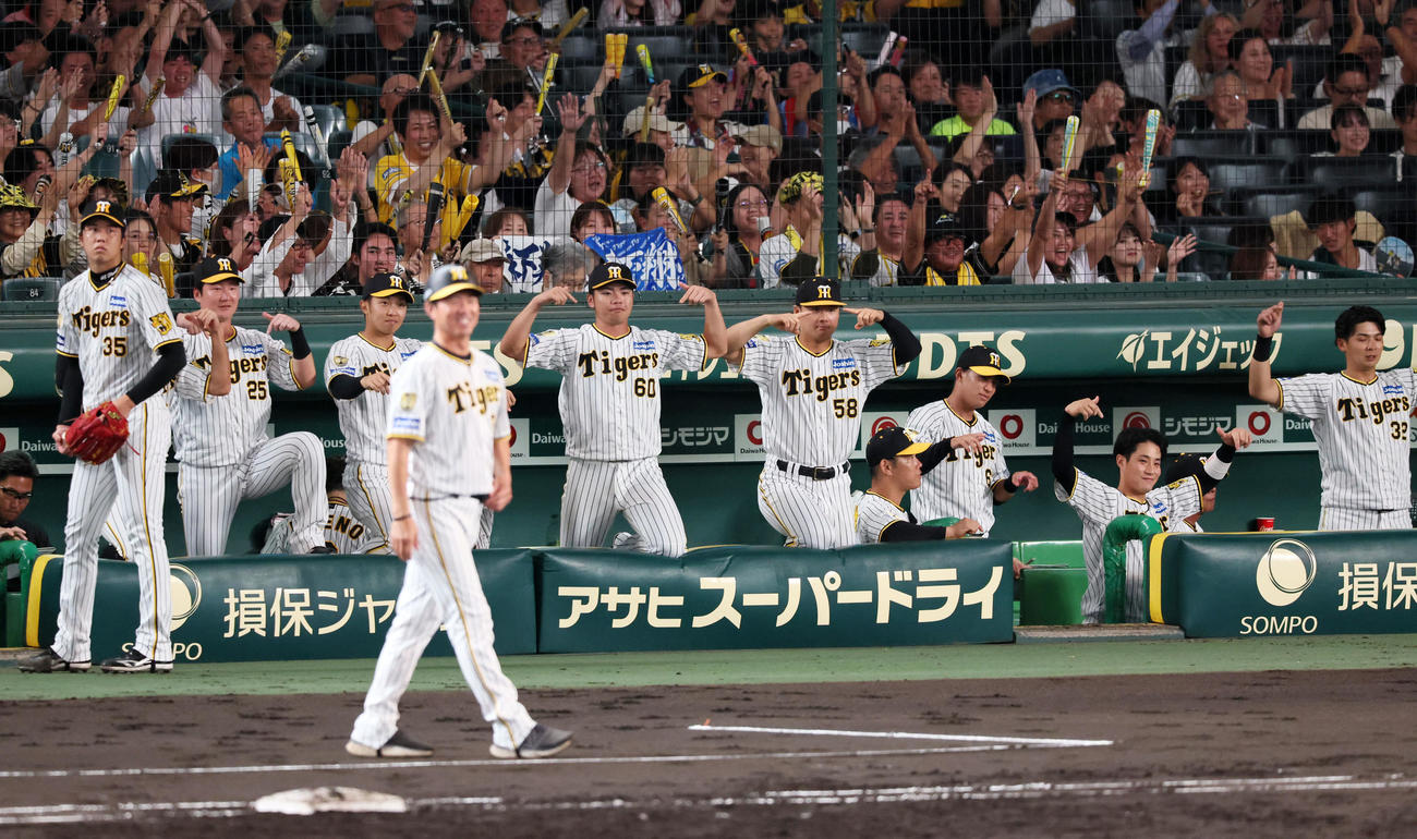 阪神対DeNA 3回裏阪神2死一塁、森下の適時二塁打を喜ぶ阪神ナイン（撮影・加藤哉）