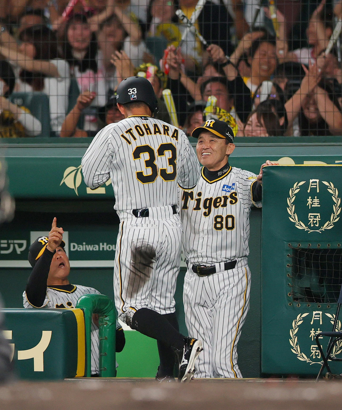 阪神対DeNA 7回裏阪神2死一、二塁、岡田監督（右）は大山の右前適時打で生還した糸原（手前）を笑顔で出迎える（撮影・上山淳一）