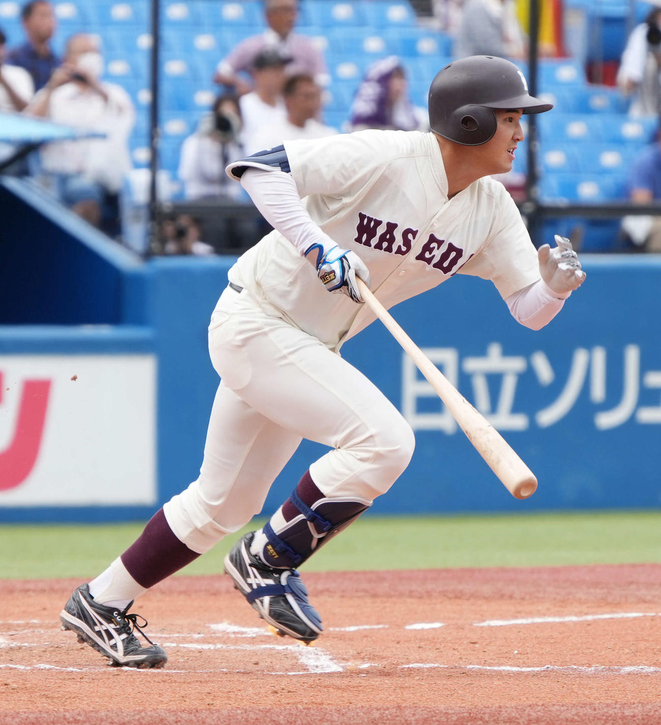 早大対法大　6回表早大無死満塁、前田は右前適時打を放つ（撮影・小沢裕）