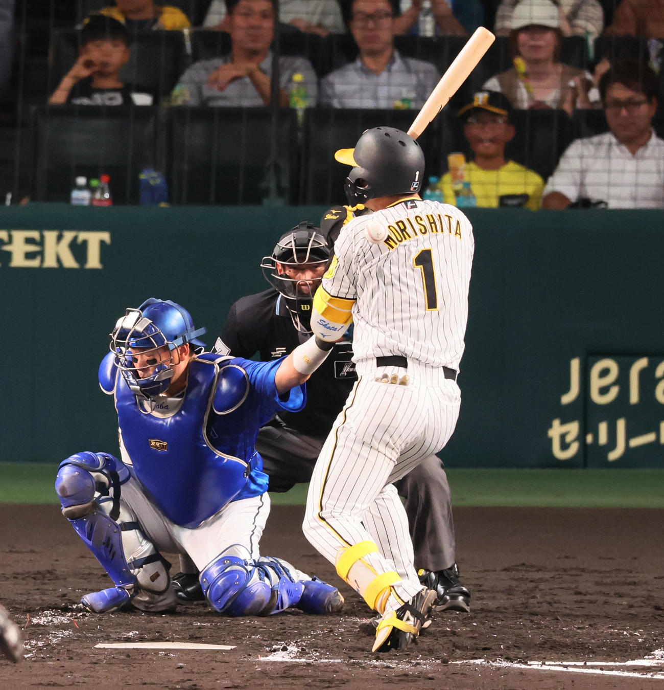 阪神対DeNA 4回裏阪神1死、死球を受ける森下（撮影・加藤哉）