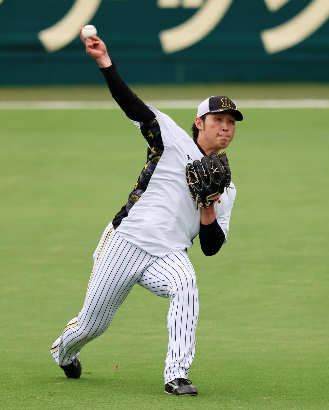 阪神対DeNA　キャッチボールで調整する佐藤蓮（撮影・加藤哉）